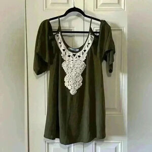 Solitaire Swim Cold Shoulder Swimsuit CoverUp Size S Olive Green w Embroidery